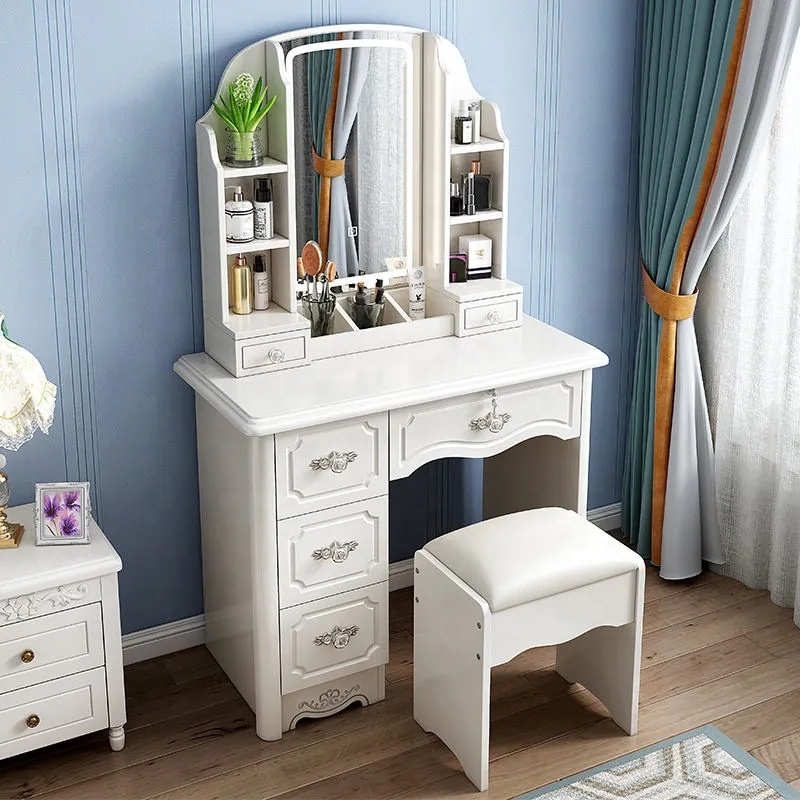 Desk Vanity Setup - Dziewczęce biało-różowe nowoczesne drewniane toaletki z