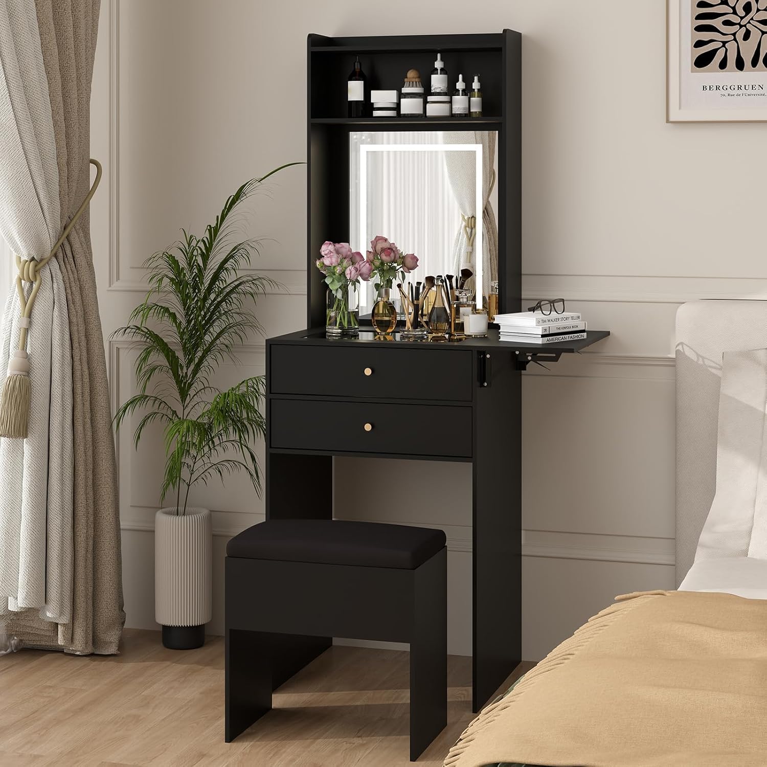 Desk Setup Black And Wood - Mini czarny zestaw toaletki do sypialni