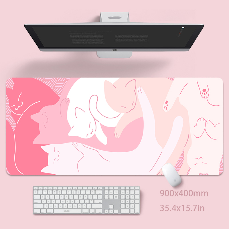Desk Setup Pink - Duża podkładka pod mysz Cute Cat